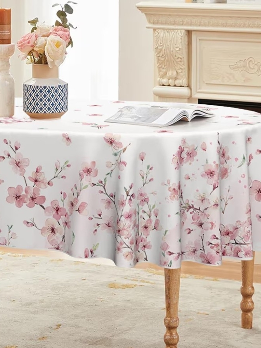 Pink Cherry Blossom Round Tablecloth - Floral Home Dining